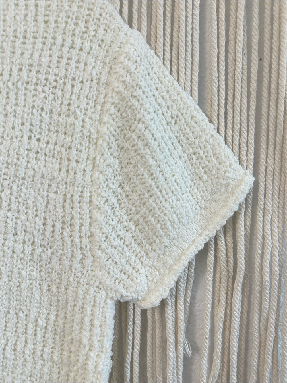 Self Contrast Ivory Textured Knit V-Neck Short Sleeve Sweater Top Lightweight XS - Picture 4 of 9